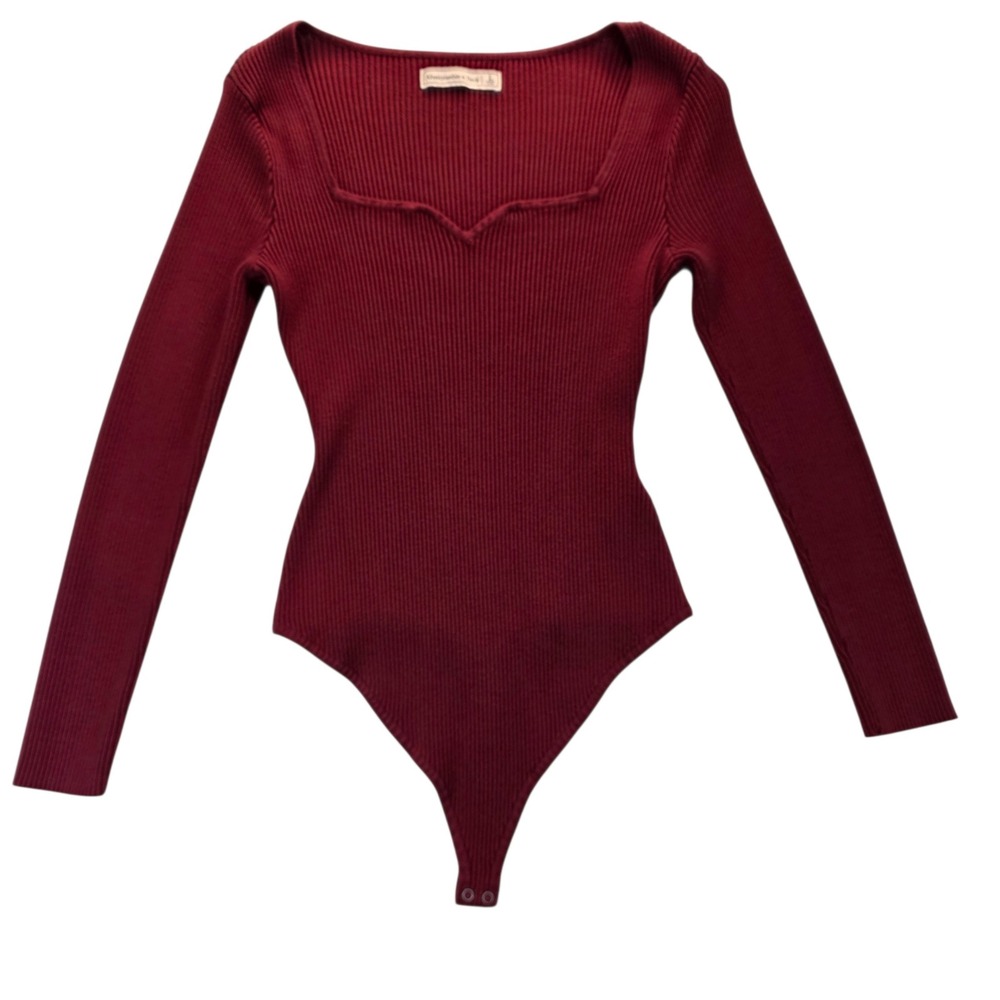 Abercrombie & Fitch Womens Ribbed Sweetheart Neck Bodysuit L Burgundy Grunge